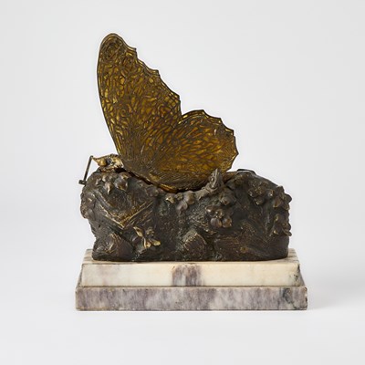 Lot 232 - Carl Kauba Vienna Gilt and Patinated Bronze and Plique-à-Jour Enamel Mechanical "Butterfly" Maiden