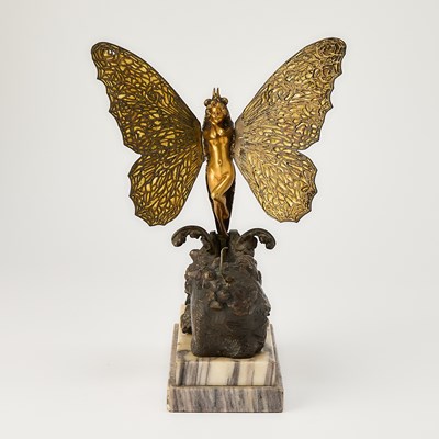Lot 232 - Carl Kauba Vienna Gilt and Patinated Bronze and Plique-à-Jour Enamel Mechanical "Butterfly" Maiden