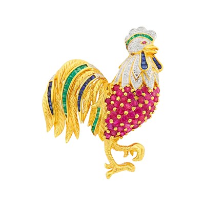 Lot 2053 - Two-Color Gold, Ruby, Diamond and Colored Stone Rooster Clip-Brooch