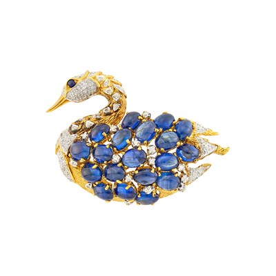 Lot 2012 - Two-Color Gold, Cabochon Sapphire and Diamond Swan Clip-Brooch