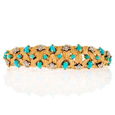 Lot 2077 - Gold, Turquoise and Diamond Bangle Bracelet