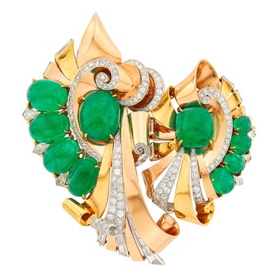Lot 1039 - Two-Color Gold, Platinum, Cabochon Emerald and Diamond Double-Clip Brooch