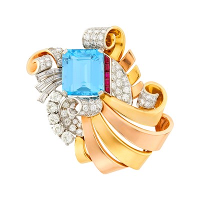 Lot 1120 - Two-Color Gold, Platinum, Aquamarine, Ruby and Diamond Clip-Brooch