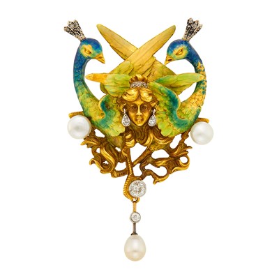 Lot 1049 - Art Nouveau Gold, Enamel, Diamond and Pearl Brooch