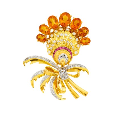 Lot 2020 - Two-Color Gold, Citrine, Diamond and Ruby Clip-Brooch