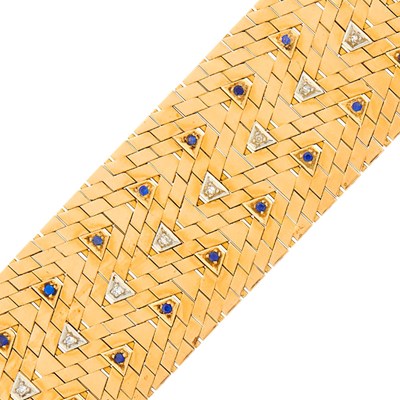 Lot 1119 - Wide Rose Gold, Platinum, Diamond and Sapphire Bracelet