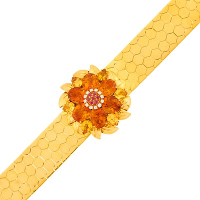 Lot 1035 - Gold, Rhodium-Plated Gold, Citrine, Ruby and Diamond Buckle Slide Bracelet