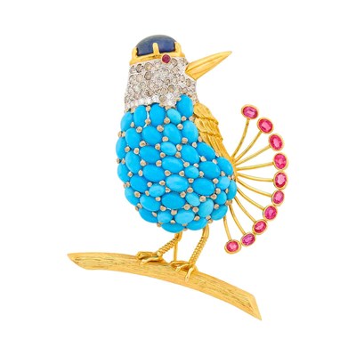 Lot 1114 - Two-Color Gold, Turquoise, Cabochon Sapphire, Ruby. Colored Diamond and Diamond Bird Brooch