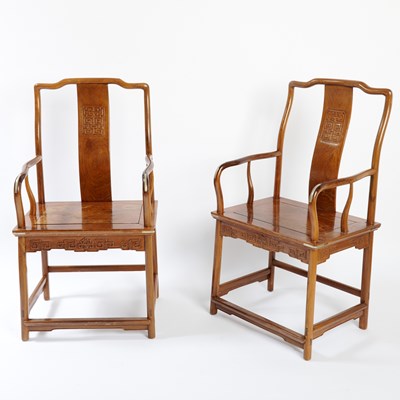 Lot A Pair of Chinese Huanghuali and Mixed Hardwood Yokeback Armchairs, Nanguanmaoyi