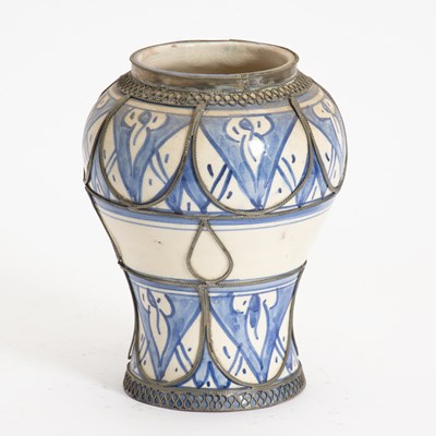 Lot 366 - Moroccan Metal-Mounted Tin-Glazed Earthenware Vase