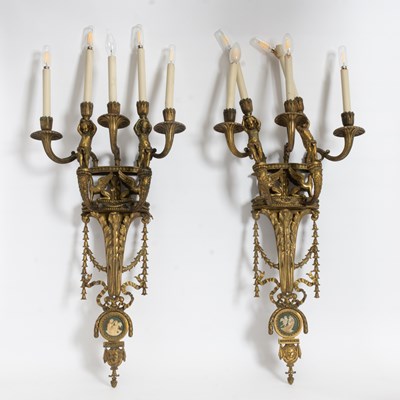 Lot 26 - Pair of Neoclassical Style Gilt-Metal Jasperware Mounted Five-Light Sconces