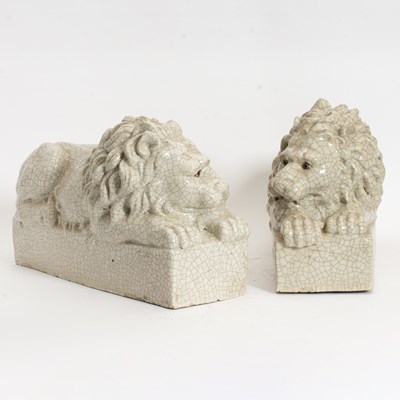 Lot 338 - Pair of Glazed Pottery Figures of Recumbent Lions