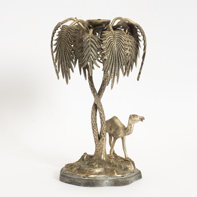 Lot 49 - Orientalist White Metal Bedouin Camel and Palm Tree Centerpiece
