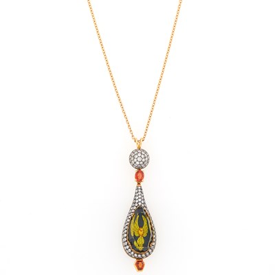 Lot 1119 - Rose Gold, Silver, Diamond, Orange Sapphire and Glass Pendant with Chain Necklace