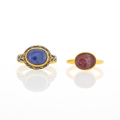 Lot 1220 - Pair of High Karat Gold, Gem-Set and Blue Enamel Rings