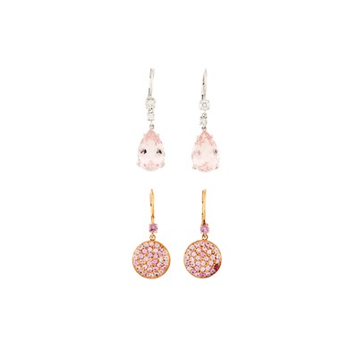 Lot 1060 - Two Pairs of Gold, White Gold, Colored-Stone and Diamond Pendant-Earrings