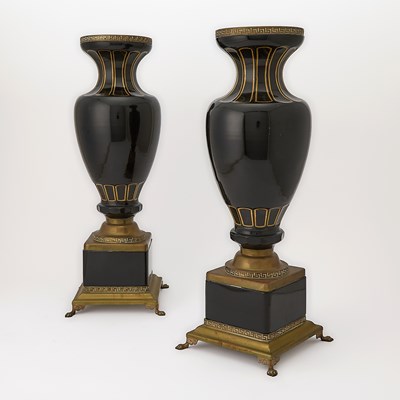 Lot 677 - Pair of Continental Gilt-Decorated Black Glass Urns