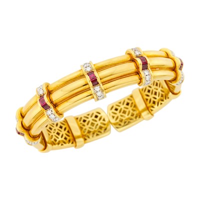 Lot 1131 - Gold, Diamond and Ruby Bangle Bracelet