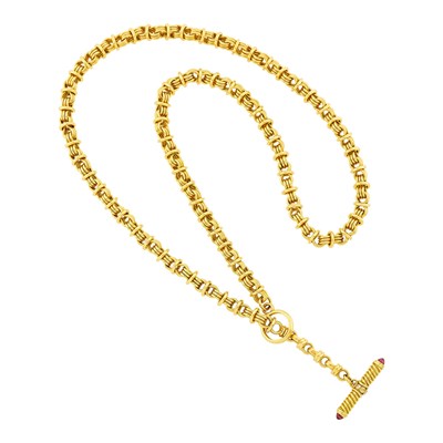 Lot 1026 - Long Gold Link Necklace with Cabochon Pink Tourmaline and Diamond Toggle Clasp