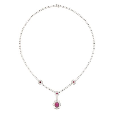 Lot 1080 - White Gold, Ruby and Diamond Pendant-Necklace