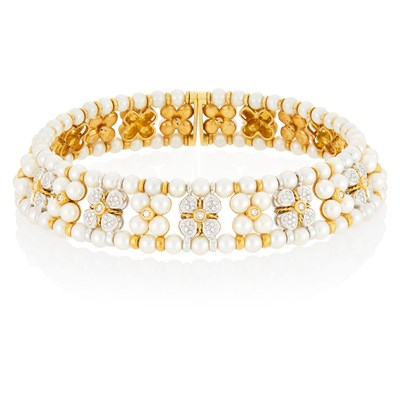 Lot 1029 - Two-Color Gold, Cultured Pearl and Diamond Choker Necklace