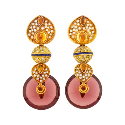 Lot 1156 - Pair of Gold, Diamond, Cabochon Citrine, Colored Glass and Blue Enamel Pendant-Earclips with Interchangeable Beads
