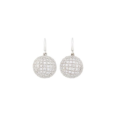 Lot 1091 - Pair of White Gold and Diamond Ball Pendant-Earrings