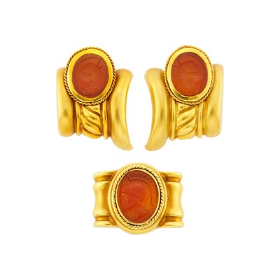 Lot 1025 - Pair of Gold and Carnelian Intaglio Earclips and Cameo Ring
