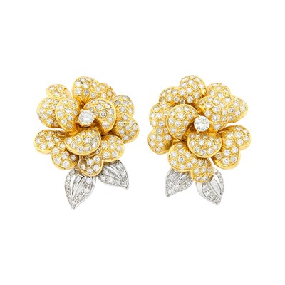 Lot 1124 - Pair of Two-Color Gold and Diamond Flower Earrings