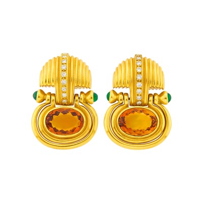 Lot 1100 - Pair of Gold, Citrine, Cabochon Emerald and Diamond Pendant-Earrings