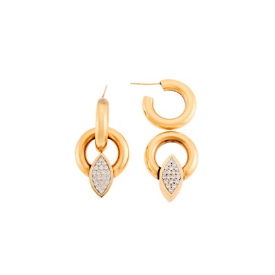 Lot 2034 - Pair of Gold Hoop Earrings with Two-Color Gold and Diamond Pendants