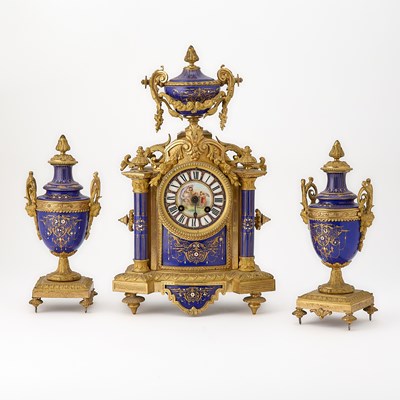 Lot 717 - Louis XVI Style Sevres Style Gilt-Bronze-Mounted Porcelain Three-Piece Clock Garniture