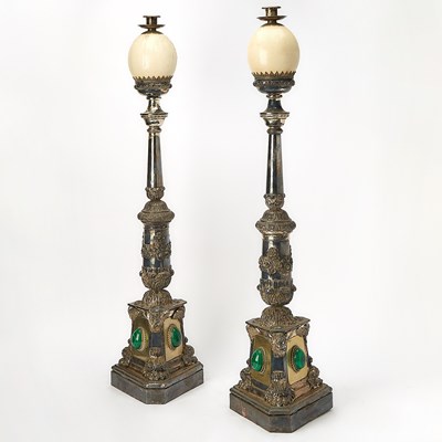 Lot 646 - Pair of J. Anthony Redmile Ostrich Egg and Malachite Mounted Silver-Plated Candlesticks