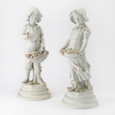 Lot 698 - Pair of French Bisque Figures of a Boy and Girl with Flower Baskets
