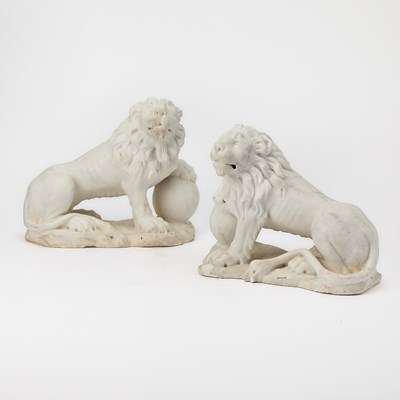 Lot 697 - Pair of Carved Carrara Marble Figures of Lions