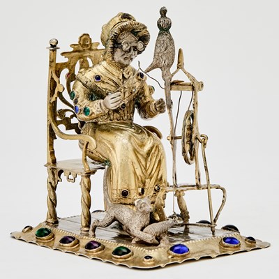 Lot 164 - Continental Gem-Set Silver Figure of a Woman at a Spinning Wheel