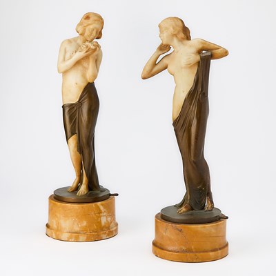 Lot 699 - Pair of German Patinated Bronze and Alabaster Figures
