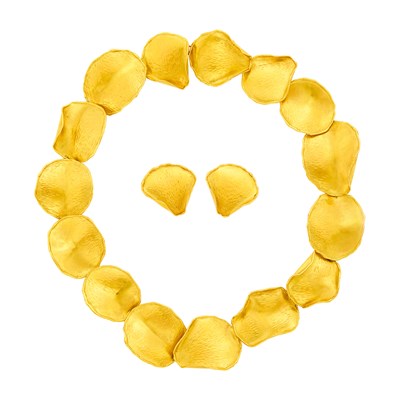 Lot Tiffany & Co. Gold 'Rose Petal' Necklace and Pair of Earclips