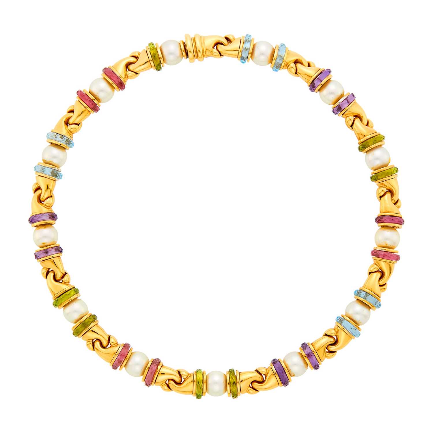 Lot 57 - Bulgari Gold, Cultured Pearl and Colored Stone 'Gancio' Necklace