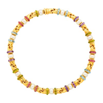 Lot 57 - Bulgari Gold, Cultured Pearl and Colored Stone 'Gancio' Necklace
