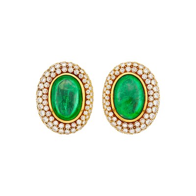 Lot 158 - Andrew Clunn Pair of Gold, Cabochon Emerald and Diamond Earclips