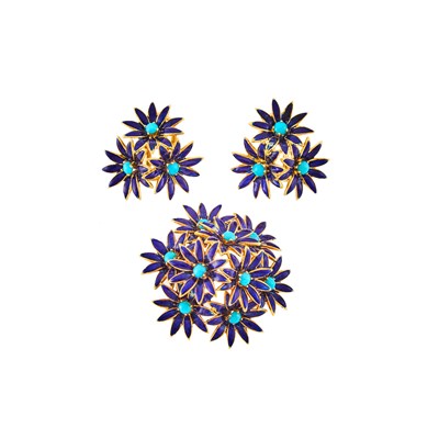 Lot 2015 - Gold, Enamel and Turquoise Flower Brooch and Pair of Earrings