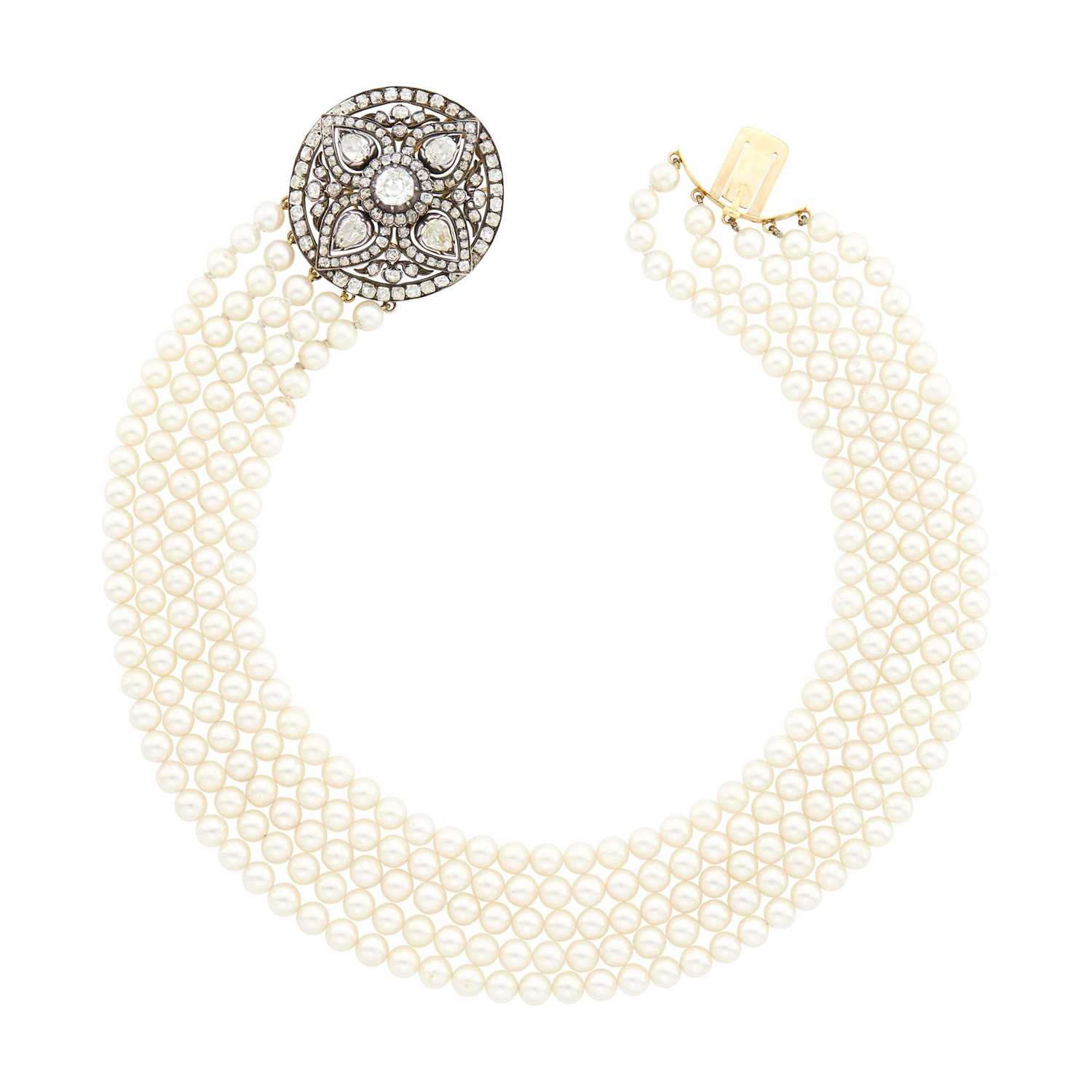 Lot 80 - Five Strand Cultured Pearl Necklace with Antique Silver, Gold and Diamond Clasp