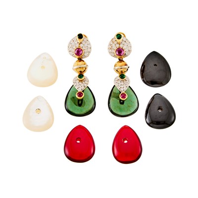 Lot 2024 - Pair of Two-Color Gold, Diamond and Gem-Set Earrings with Interchangeable Pendants