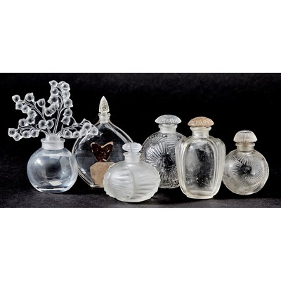 Lot 744 - Six R. Lalique and Lalique Molded Colorless Glass Perfume Bottles and Stoppers