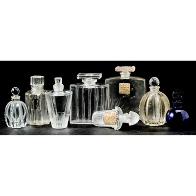 Lot 745 - Seven R. Lalique Molded Glass Perfume Bottles and Stoppers