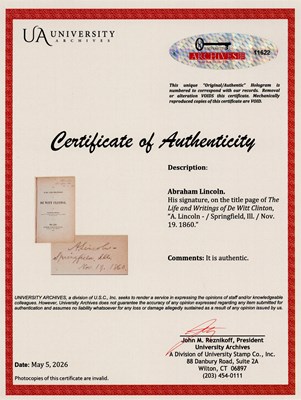 Lot 18 - A volume from Abraham Lincoln's library, signed just before heading to Washington for his inauguration