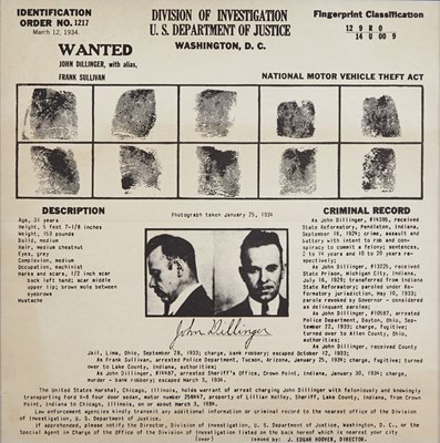 Lot 66 - The wanted poster for John Dillinger