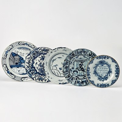 Lot 682 - Five Assorted Dutch Delft Blue and White Faience Chargers