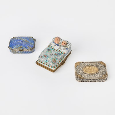 Lot 210 - Group of Three Hardstone, Silver and Porcelain Snuff Boxes
